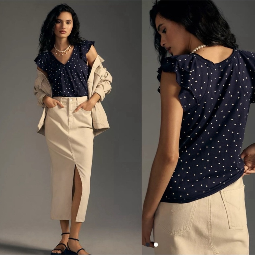 Anthropologie Maeve Polka Dot Short Ruffle Sleeve T XXS